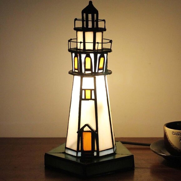Lighthouse 10 inch Tiffany Style Handcrafted Stained Glass Accent Table Lamp - Picture 1 of 5
